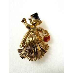 Vintage Witch Brooch Pin Goldtone with Pumpkin Basket and Black Hat
